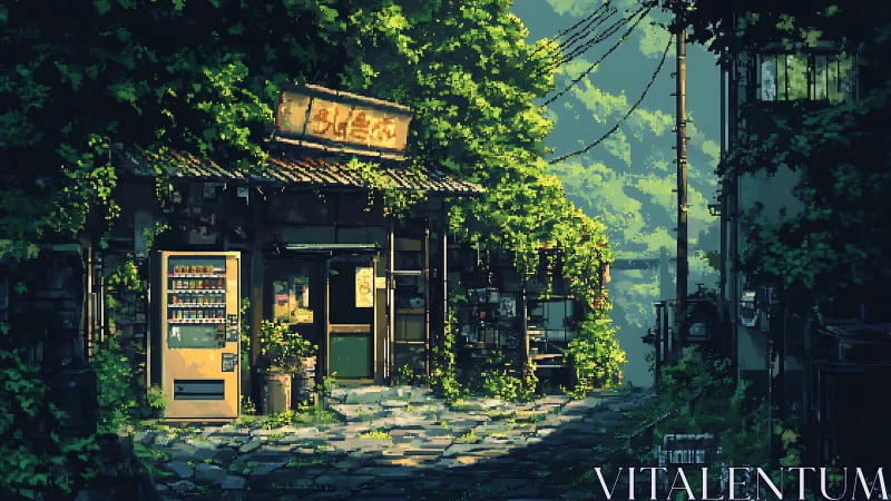 Sunlit pixel alley with a cozy overgrown corner shop.