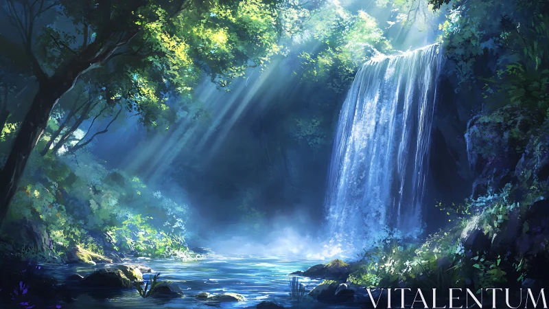 Sunlit forest waterfall inviting you into a hidden paradise.