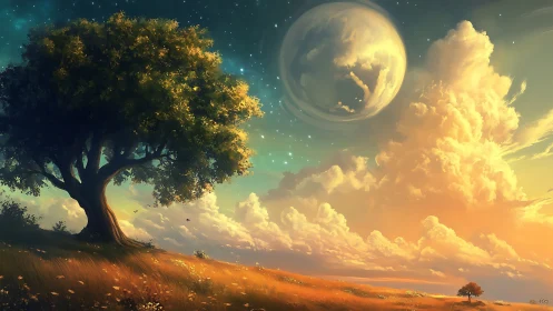 Solitary tree on grassy hill under large moonlit sky.