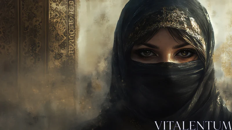 Veiled woman’s gaze emerges from textured, smoke-laden backdrop