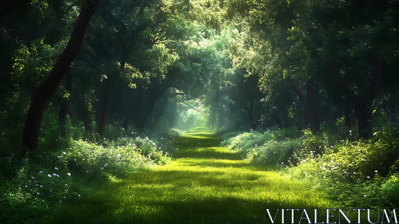 Sunlit Forest Path with Lush Greenery in Photorealistic Style.