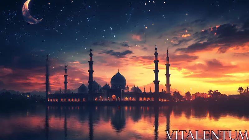 Mosque silhouette reflected in calm water at dusk.