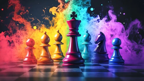 Vibrant chess pieces glow amid swirling neon color clouds