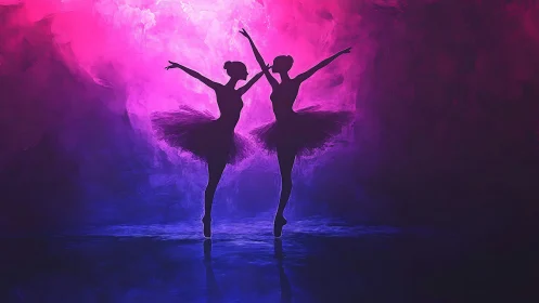 Silhouetted ballerinas against pink and purple gradient backdrop.