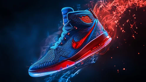 Futuristic red blue sneaker ignites neon smoke backdrop.