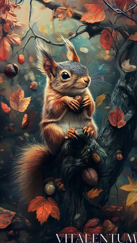 Cozy squirrel pause in a swirling autumn forest daydream.