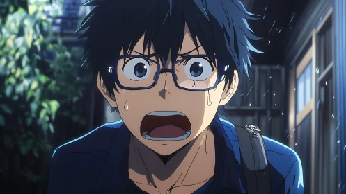Shocked blue haired student in rain with glasses close up