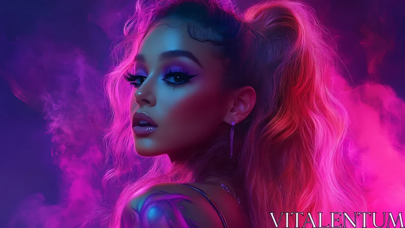 Neon dream girl glowing in soft pink and purple light.