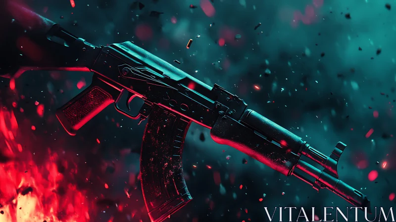 Tactical rifle rendered in neon bicolor explosive particle field