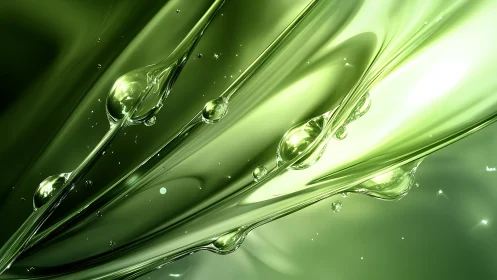 Emerald liquid ribbons stream with suspended crystal droplets.