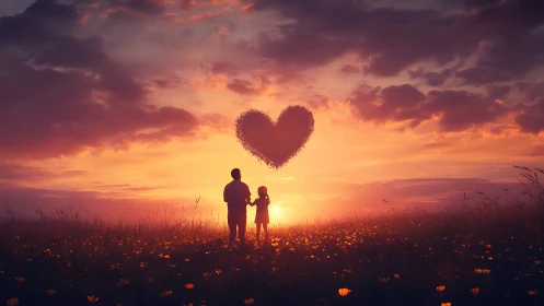 Silhouetted figures with oversized heart in sunset landscape