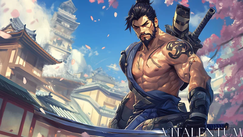 Samurai warrior under cherry blossoms in sunlit Edo street.