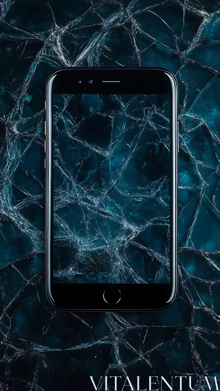 Smartphone frame aligned with fractured glass texture in blue