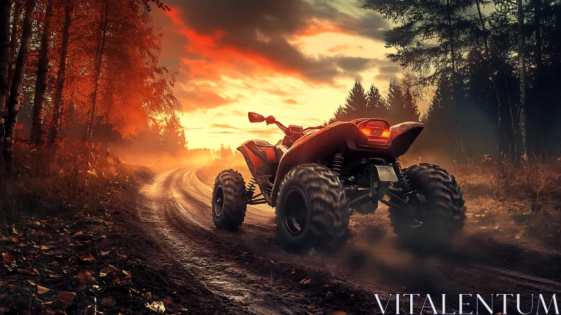 Quad bike on muddy forest track at sunset in autumn.