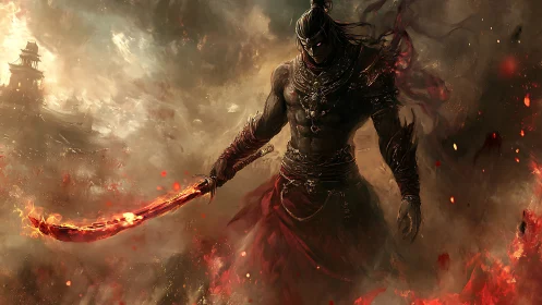 Infernal warlord with molten flame blade in smoky battlefield