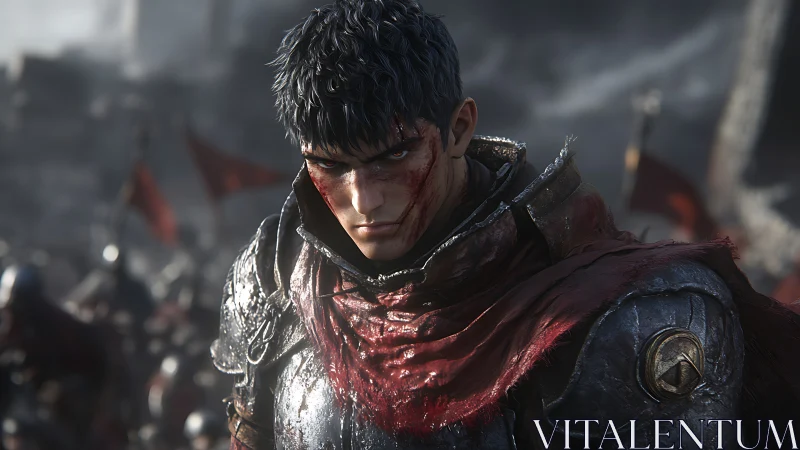 Armored warrior with red cloak on chaotic battlefield scene.