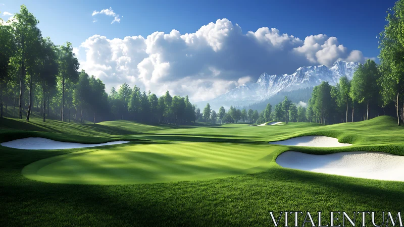 Mountain golf fairway stretches under bright morning sky