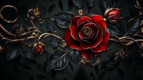 Crimson Rose Blooming Through Obsidian: A Dark Opulence.