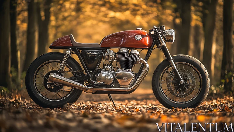 Cafe racer motorcycle on forest path in autumn light.