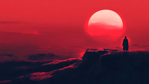 Solitary dreamer beneath a colossal crimson sunscape.