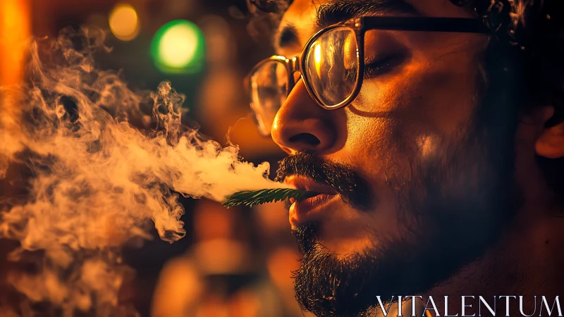 Side profile shows man exhaling smoke illuminated by warm light