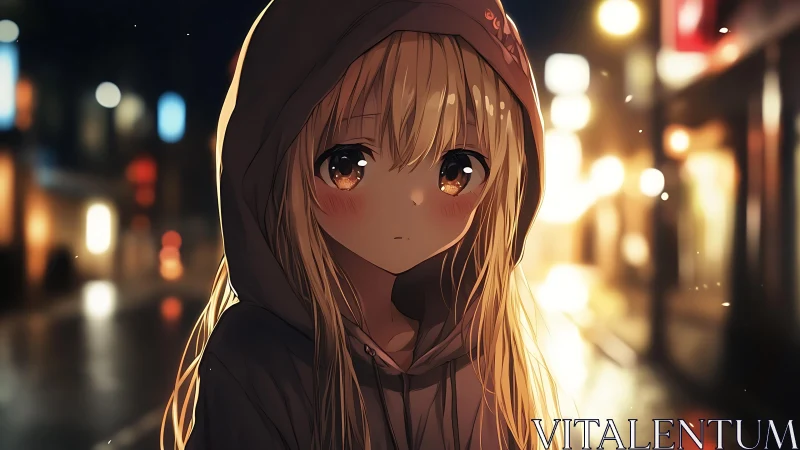 Hooded blonde girl under neon lights on a rainy night.
