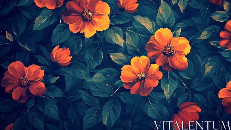 Vibrant Orange Dahlias with Layered Petals Against Deep Teal Foliage