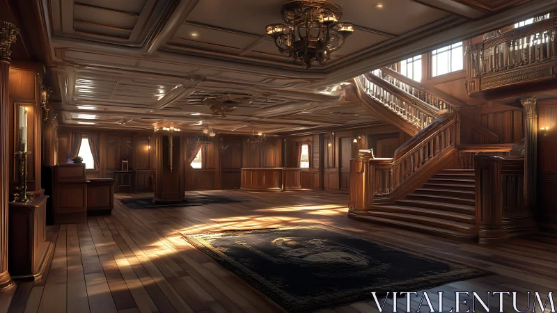 Grand wooden staircase hall with gilded chandeliers, daylight.