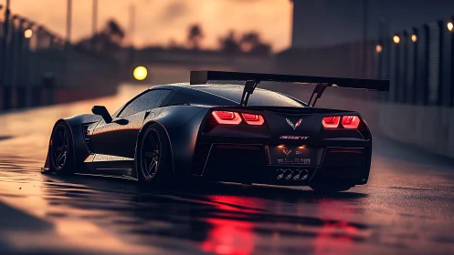 Aerodynamic track-prepped Corvette on wet dusk circuit.