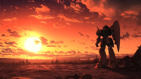 Solitary mech greeting a blazing sci fi sunset horizon.