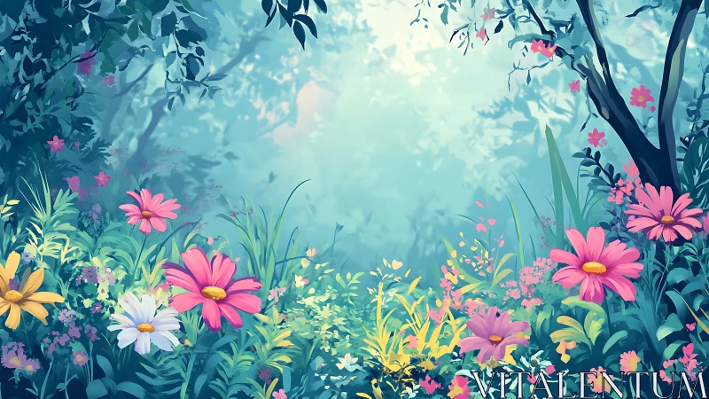 Enchanted Garden with Pink Flowers and Blue Foliage