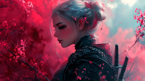 Silver haired warrior amid crimson blossom storm. Period.