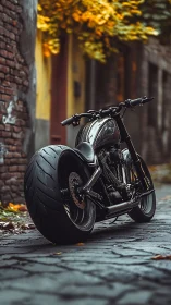 Custom street motorcycle glowing with autumn city warmth.