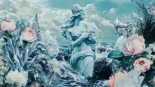 Ocean goddess statue rises amid waves and blooming florals