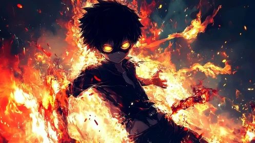 Pyrokinetic anime boy engulfed in dynamic volumetric flames