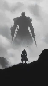 Lone warrior confronts colossal shadowed knight in mist.