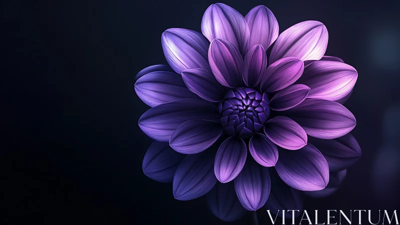 Purple Dahlia Bloom Against Dark Background with Reflective Surface.