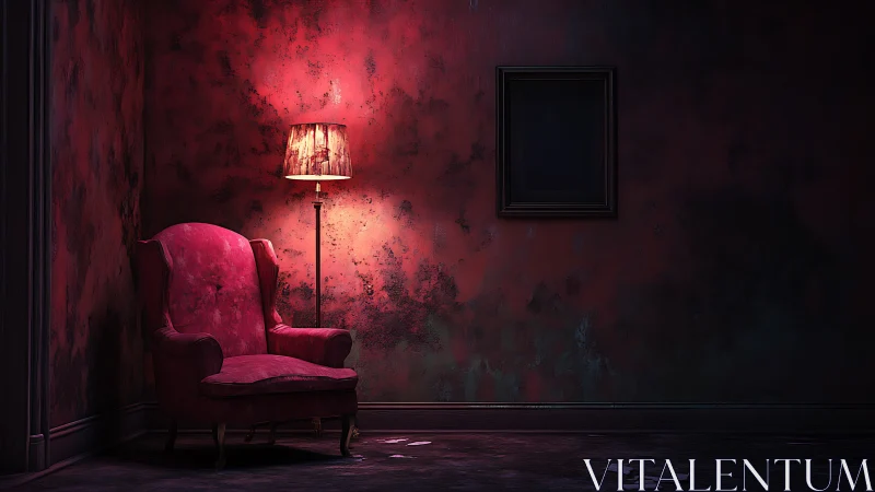 Digital painting of moody crimson reading corner interior scene.