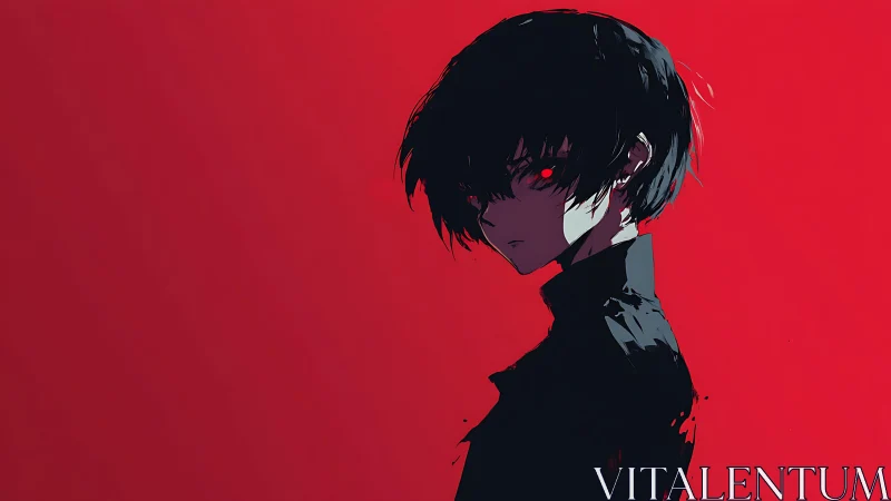 Shadowed youth gazes back with glowing red eyes and quiet power