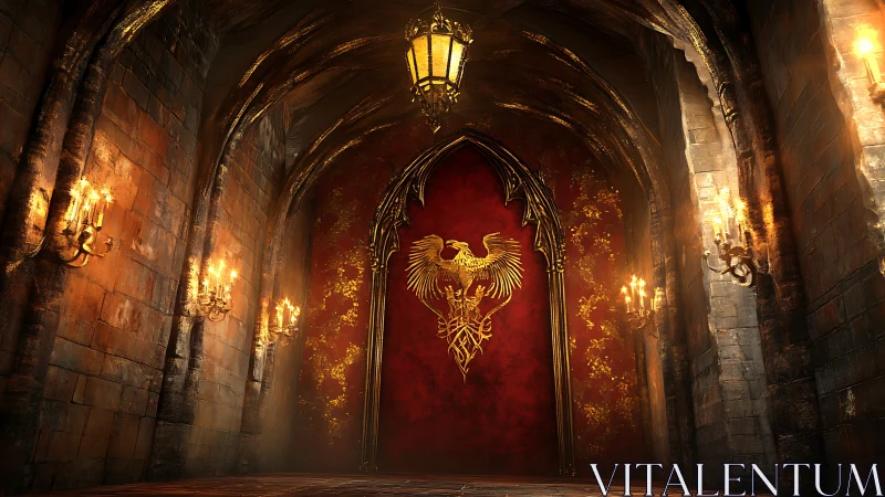 Gothic corridor with gilded phoenix sigil and torchlit stonework.