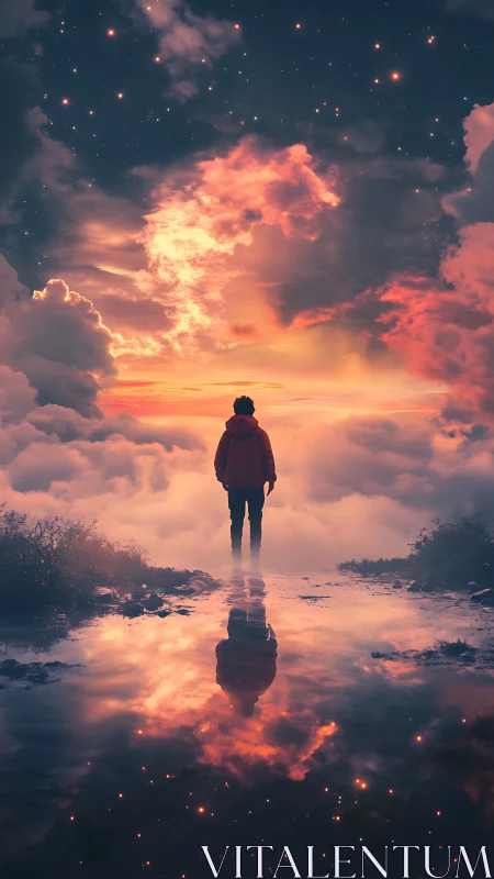 Stargazing wanderer stitches twilight clouds into mirrors