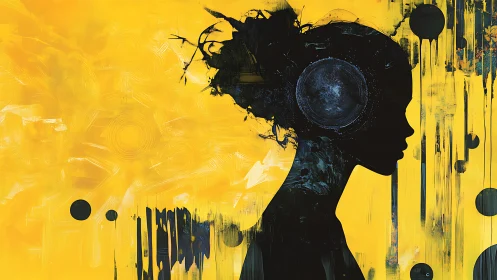 Digital painting silhouette portrait with abstract yellow ground.