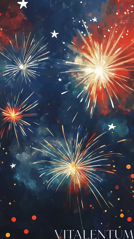 Digital illustration renders multicolored fireworks in night sky