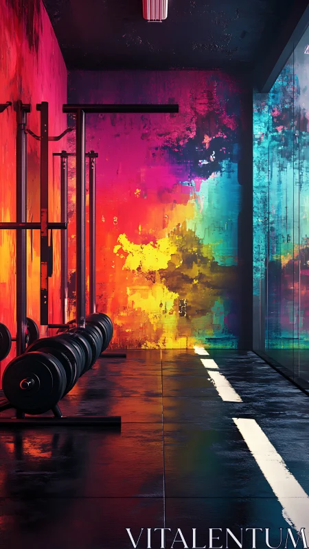 Neon-lit weight room glows against bold abstract walls.