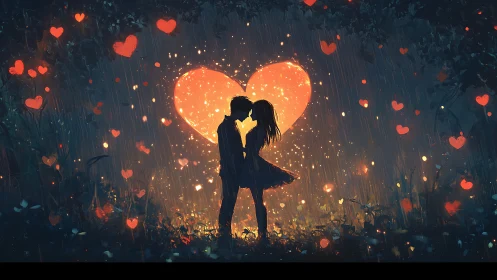 Luminous Hearts Rain: Two Souls Kissing in Glowing Passion.
