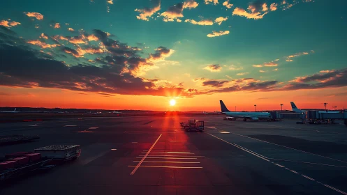 Commercial airport apron under vivid sunset sky period