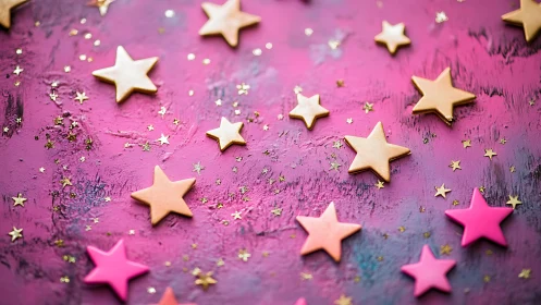 Gold and pink star shapes scatter across vivid magenta surface