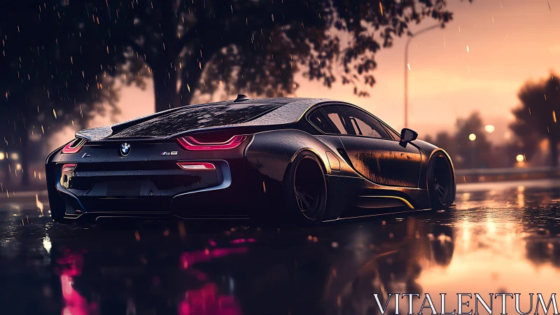 BMW i8 coupe renders under cinematic rainy sunset street.