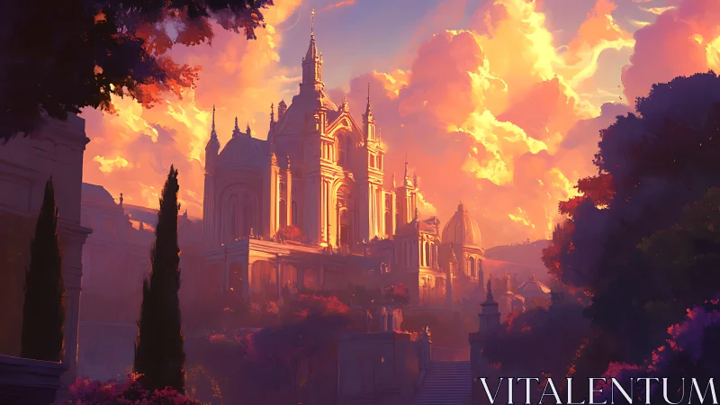 Golden cathedral city glows beneath dramatic sunset clouds