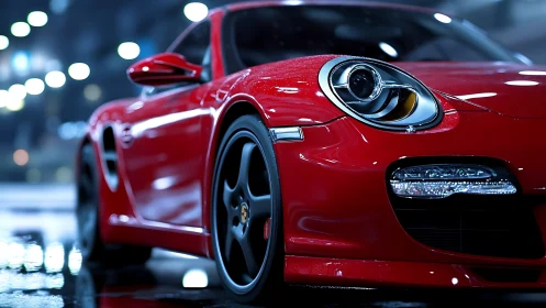 Low-angle wet-surface study of red sports coupé illumination.